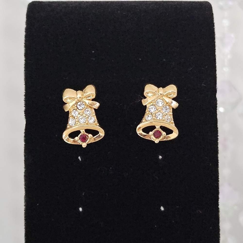 Avon - Vintage Christmas Bell Rhinestone Post Earrings
